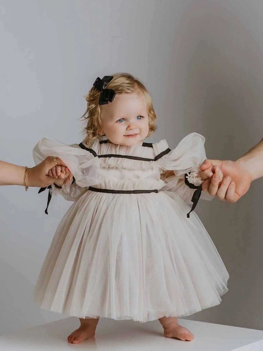 Petite Maison Ivory Tulle Baby Formal Dress with Black Trim